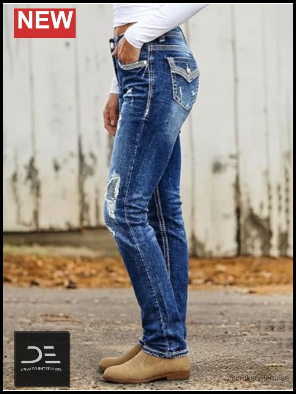 Mid Rise Ripped Curvy Skinny Jeans with Flap Pockets - Picture 2 of 6
